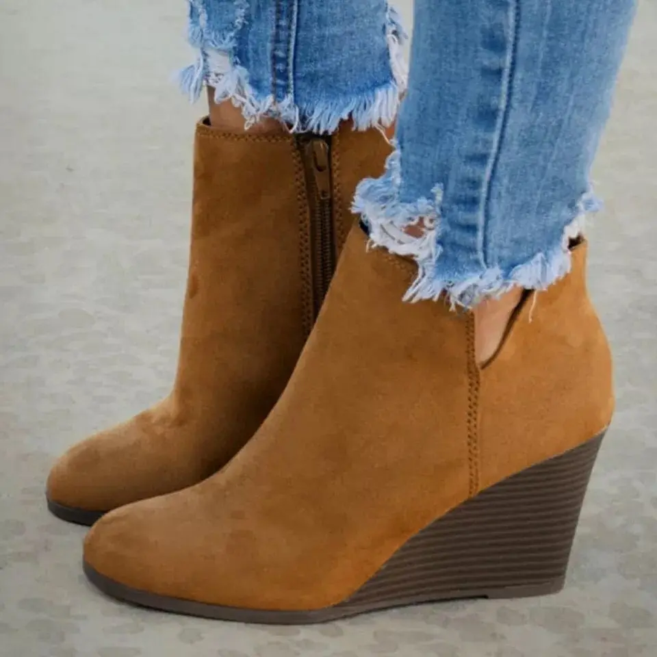 Women Vintage Suede Leather Elegant Ladies Boots Fashion Women Suede Wedges Zipper Solid Color Short Booties Round Toe Shoes789