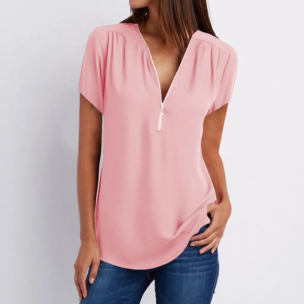 Summer White Black Blouse Woman Fashion Zipper V Neck Casual Shirts Solid Color Female Lady Blouses Tops Tunic Dropshipping