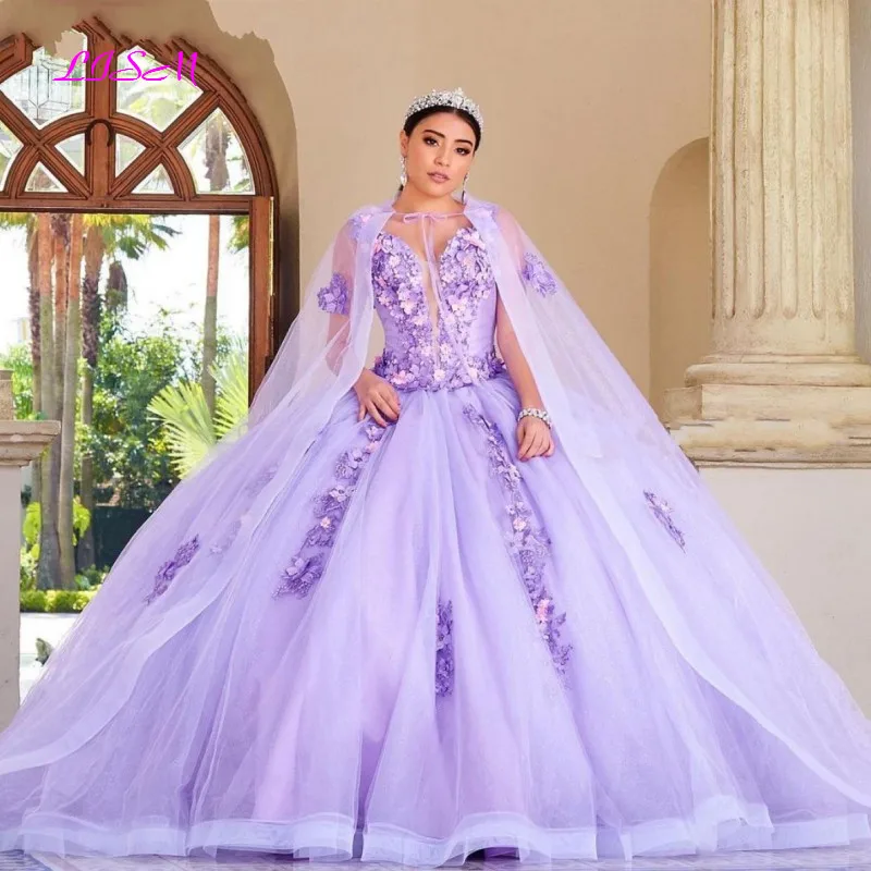 Vestidos de quinceañera lila con capa, vestido de baile con cuello en V, flores en 3D, con cuentas, princesa dulce 15, tul con cordones, Espalda descubierta, vestido de Graduación