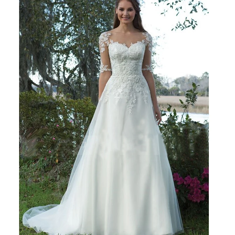 MYYBLE-Robe de mariée en satin organza, ligne A, manches élastiques, appliques en dentelle, robes de patients sur mesure, mode