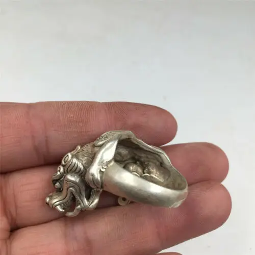 China OLD antique 23mm Tibetan silver handmade 3D dragon Unicorn Kylin ring