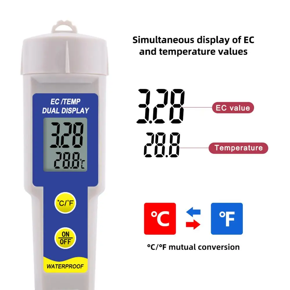 Temperatura impermeável Condutividade Tester, medidor de solo, nutrientes, teste líquido, plantio, jardinagem, hidroponia, interior, 2 em 1