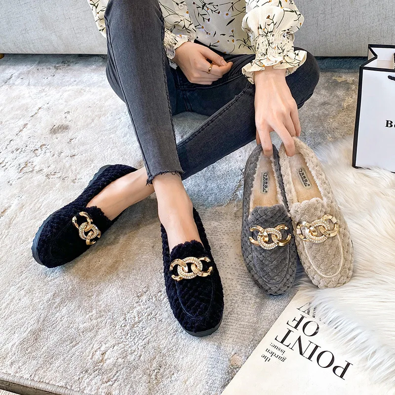 Woolen Shoes Women's New Autumn and Winter 2022 Thick Bottom Large Women's Shoes Flat Bottom Plush Cotton Shoes L Lefu Shoes