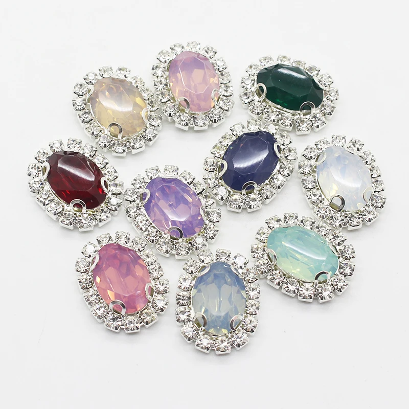 New Color 10Pcs 15*20mm Resin Acrylic Oval Rhinestone Button Silver Germent Flower Center DIY Accessories Handcraft