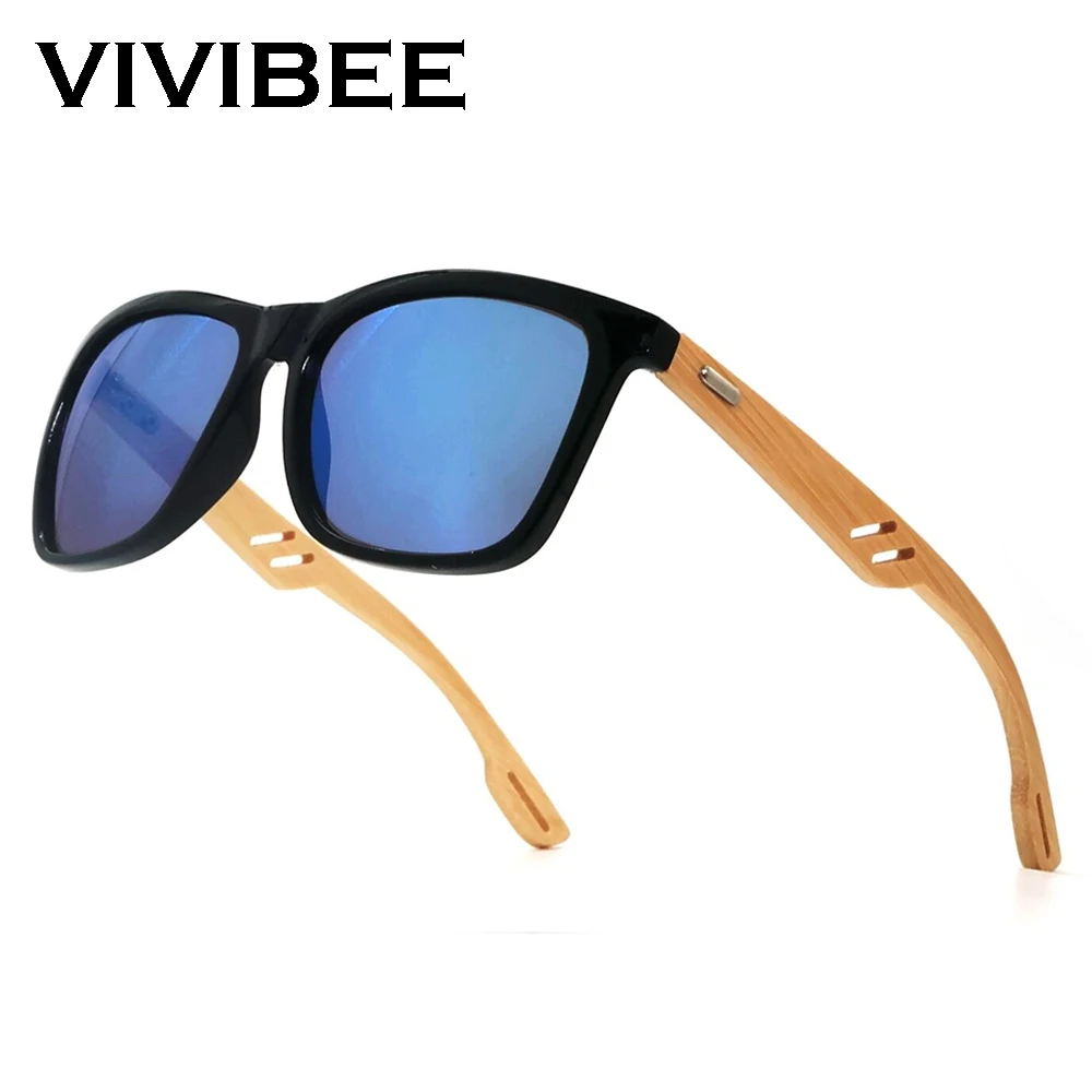 Okulary przeciwsłoneczne VIVIBEE bambusowe męskie kwadratowe lustrzane z niebieskimi soczewkami damskie 2026 retro UV400 męskie okulary