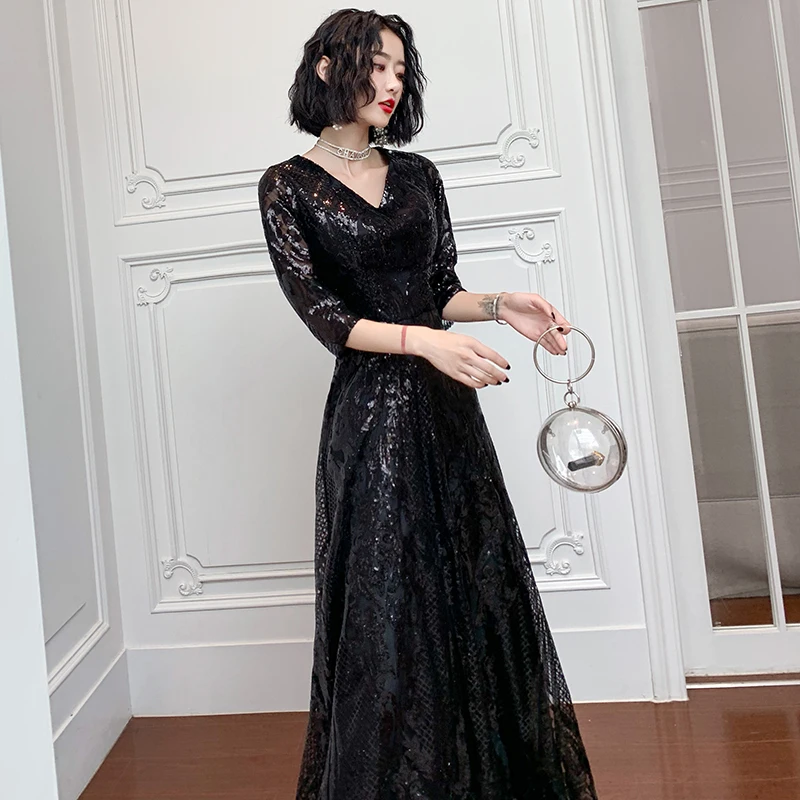 Wei yin AE0196-vestido de noche largo con lentejuelas, traje Formal elegante con cuello en V, longitud hasta el suelo, color negro, 2023