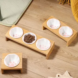 Fashion Cartoon Paw Design Pet Bowls Raised Dog Cat Feeder Solid Wooden Stand Ceramic Food Feeding Bowl Cats Puppy Accessories