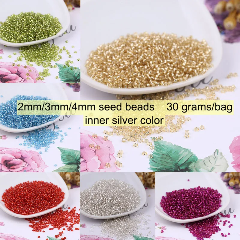 30grams/bag 2mm*2000pcs/3mm*1000pcs/4mm*330pcs Glass Seed Beads Inner Silver Color Jewelry Earrings Necklace Bracelet DIY Making