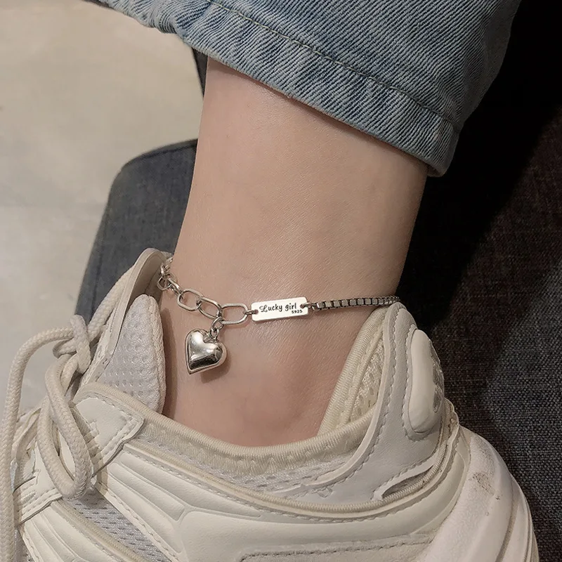 Fashion 925 Sterling Silver Summer Anklet Bracelet for Women Vintage Thai Silver LOVE Heart Pendant Lovely Girl Party Jewelry