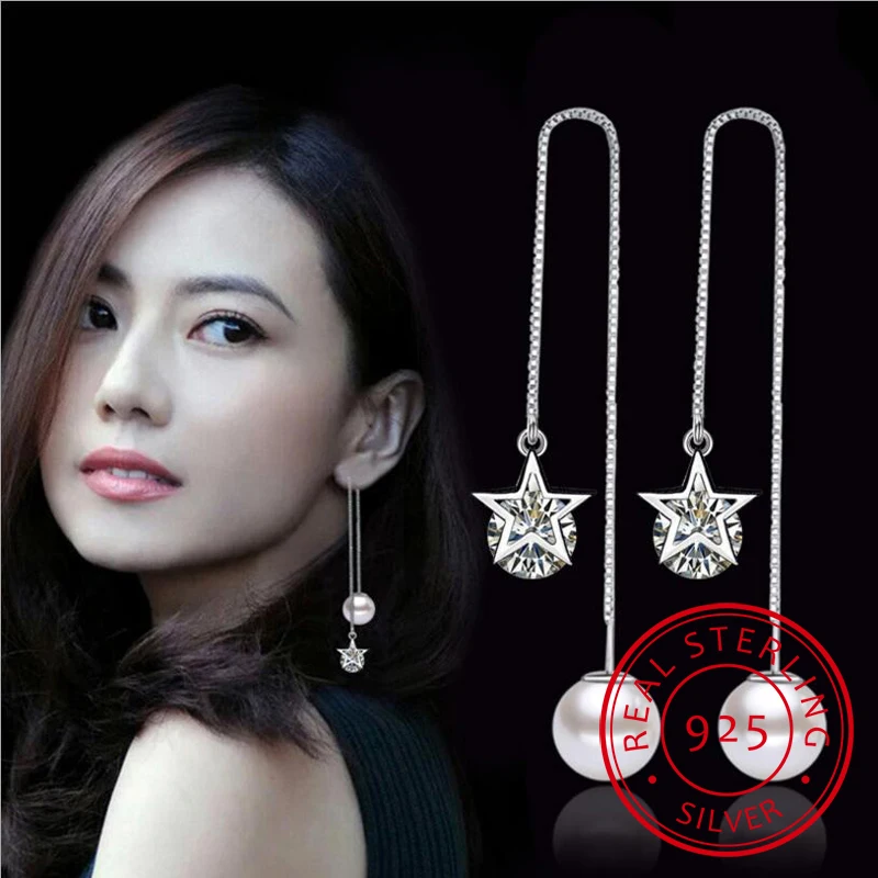 

Luxury 925 stamp silver color Ear Line Zirconia Star Pearl Long Tassel Drop Earrings For Women's Pendant Earrings S-E280