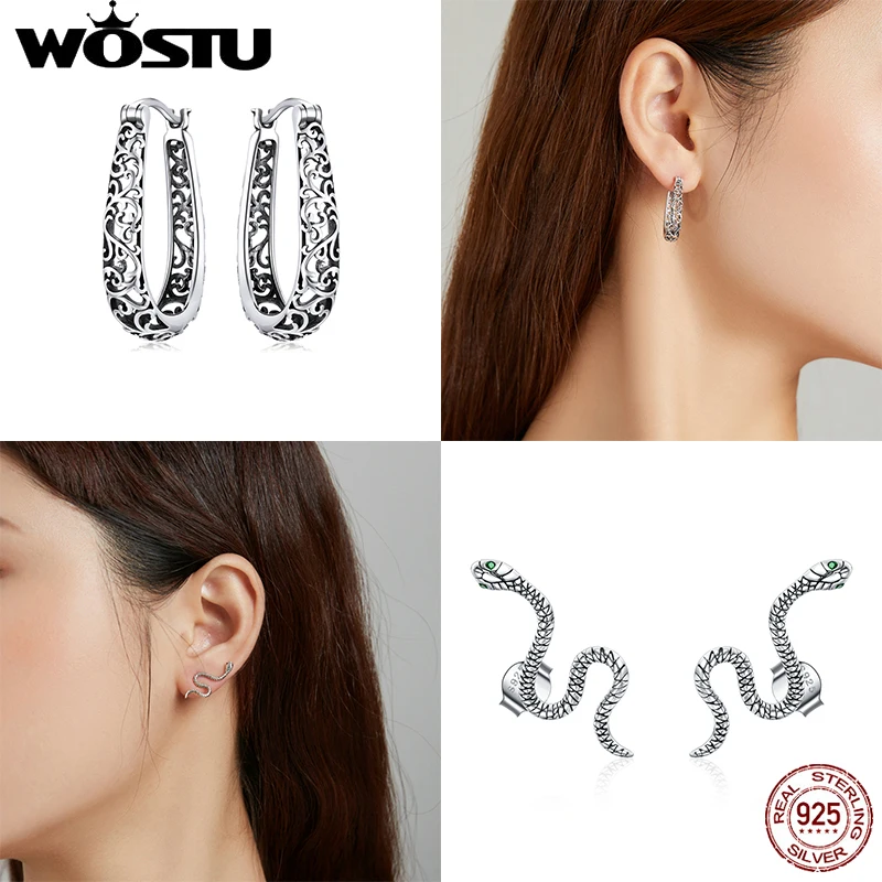 WOSTU Real 925 Sterling Silver Vintage Vine Wreaths Snake Hoop Earrings For Women Fashion Wedding Silver Jewelry CTE466