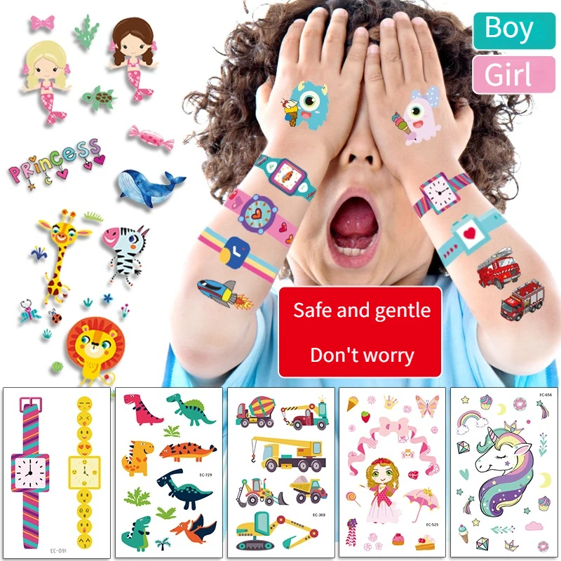 Cartoon Children Tattoo Sticker Set Boys and Girls Favorite Theme Little Fairy Dinosaur Mermaid Shark Watch Tattoo Sticker