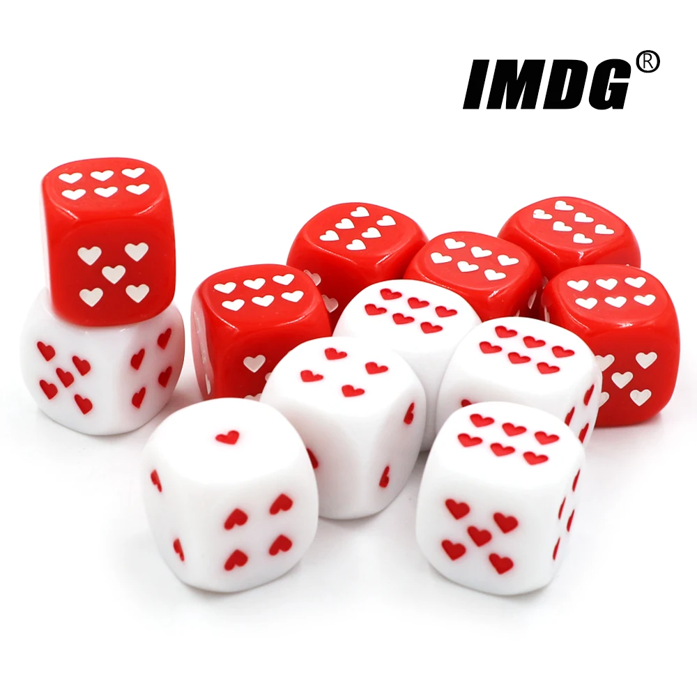 

6pcs/pack New Acrylic Dice 25mm Red White Heart-shaped Pip Dice Game Props Large Size Round Corner Cubes