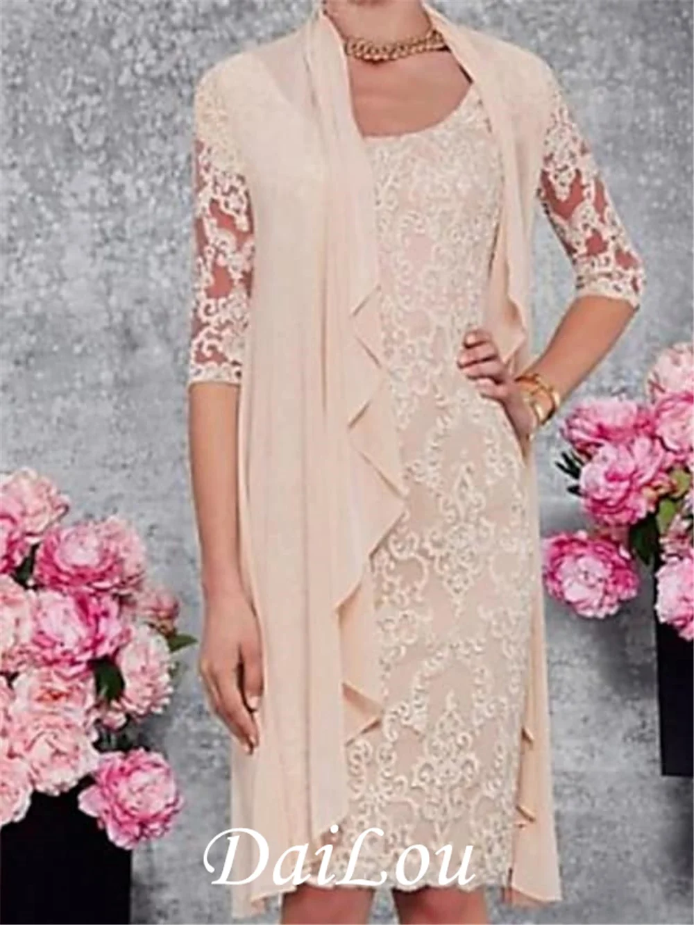 Tweedelige A-lijn Moeder Van De Bruid Jurk Wrap Inbegrepen Jewel Hals Knie Lengte Lace Half Sleeve Met Applicaties 2021