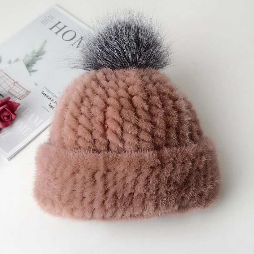 

women's winter hat of real mink fur beanies knitted warm autumn female new cap H23