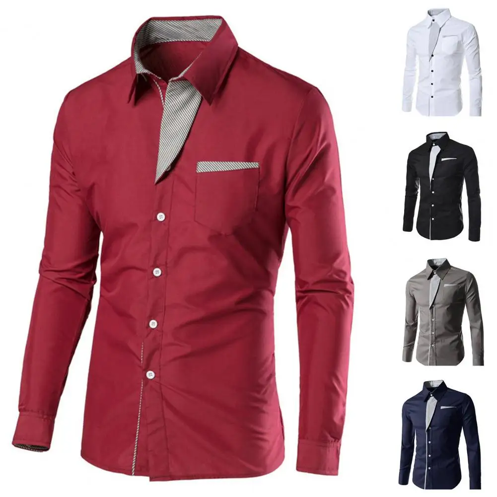 Popular Men Shirt Single-breasted Streetwear White Male Dress Shirt Temperament Contrast Color Shirt