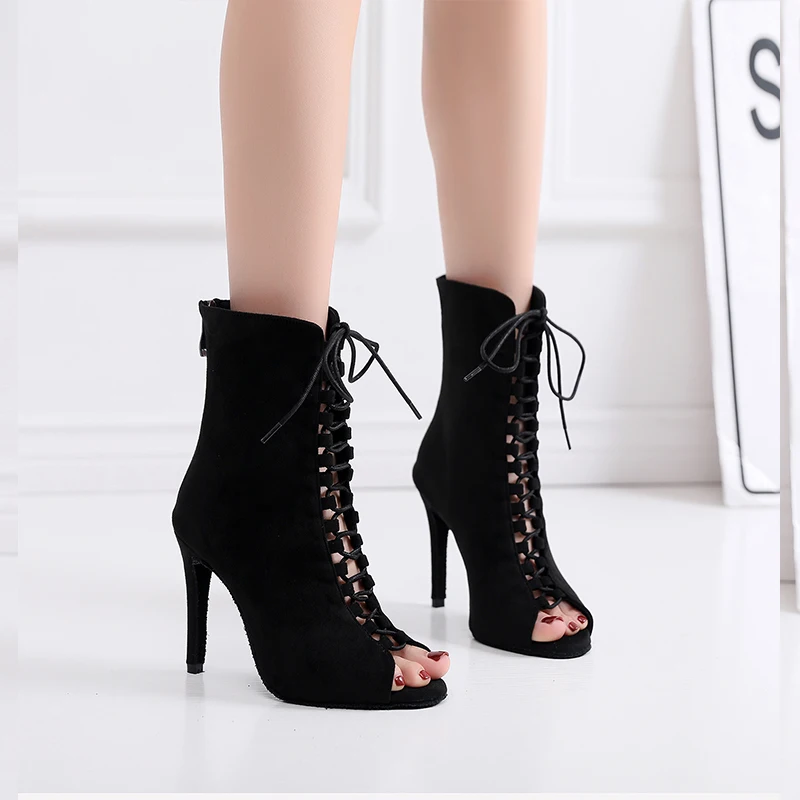 Zapatos de baile Latino con cordones para mujer, botas de baile de salón de Salsa de tacón alto negro, fondo suave, práctica Latina