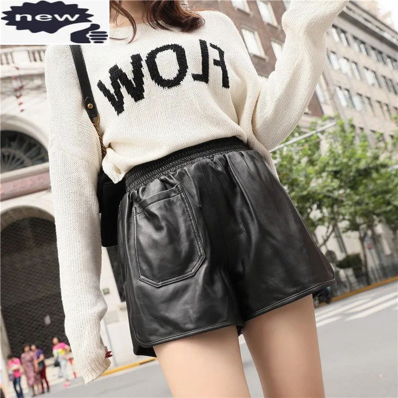 

Brand New Womens Genuine Leather Shorts Fashion High Loose Wide Leg Short Elastic Waist Sheepskin Casual Hot Pants