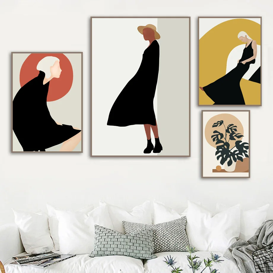 Wall Art Hoom Decor Nordic Posters Prints Fashion Abstract Girl Geometry Leaf Line Wall Picture for Living Room Home Decoration