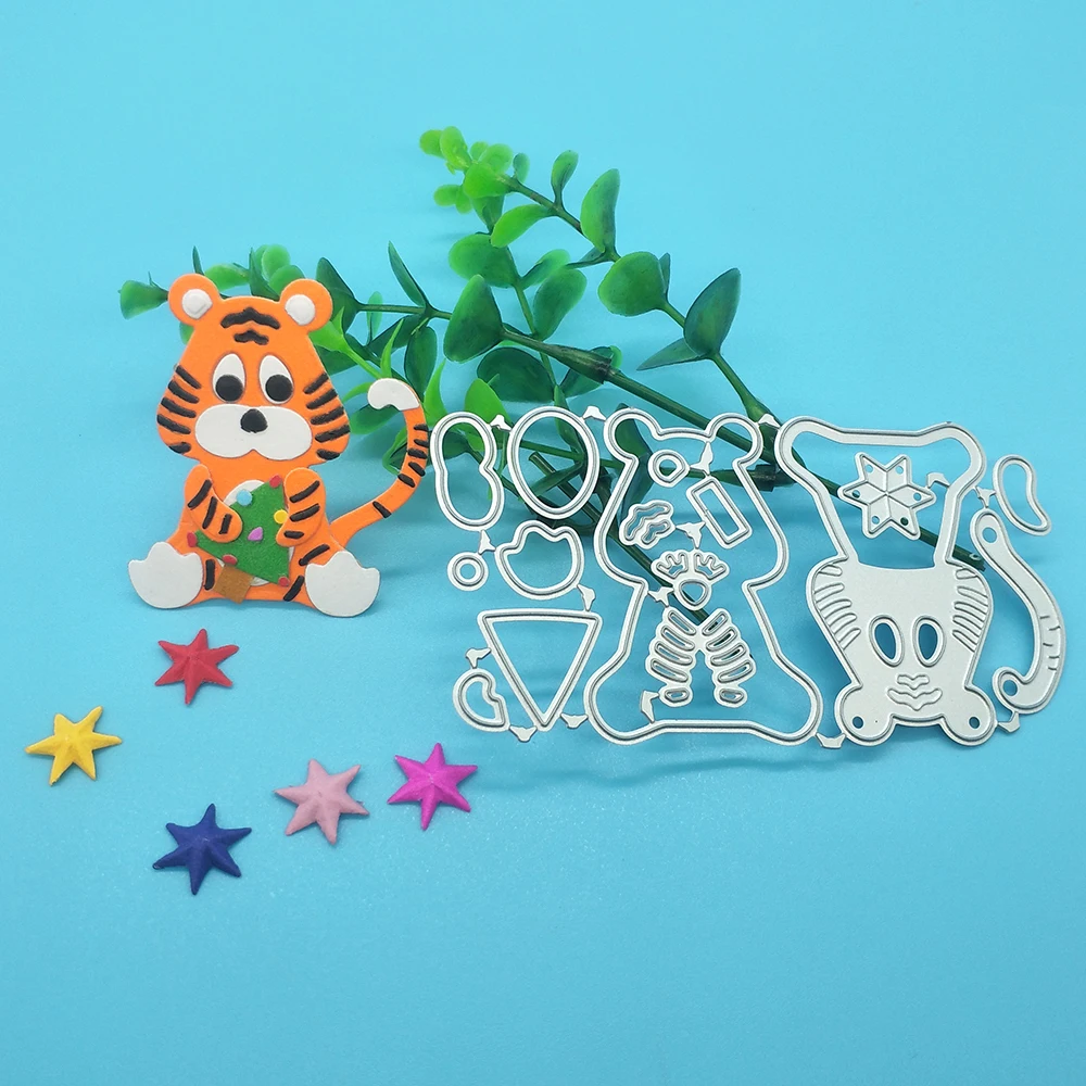 Tiger cutting template holding Christmas tree for metal cutting dies of DIY scrapbook, used for card making, embossing crafts