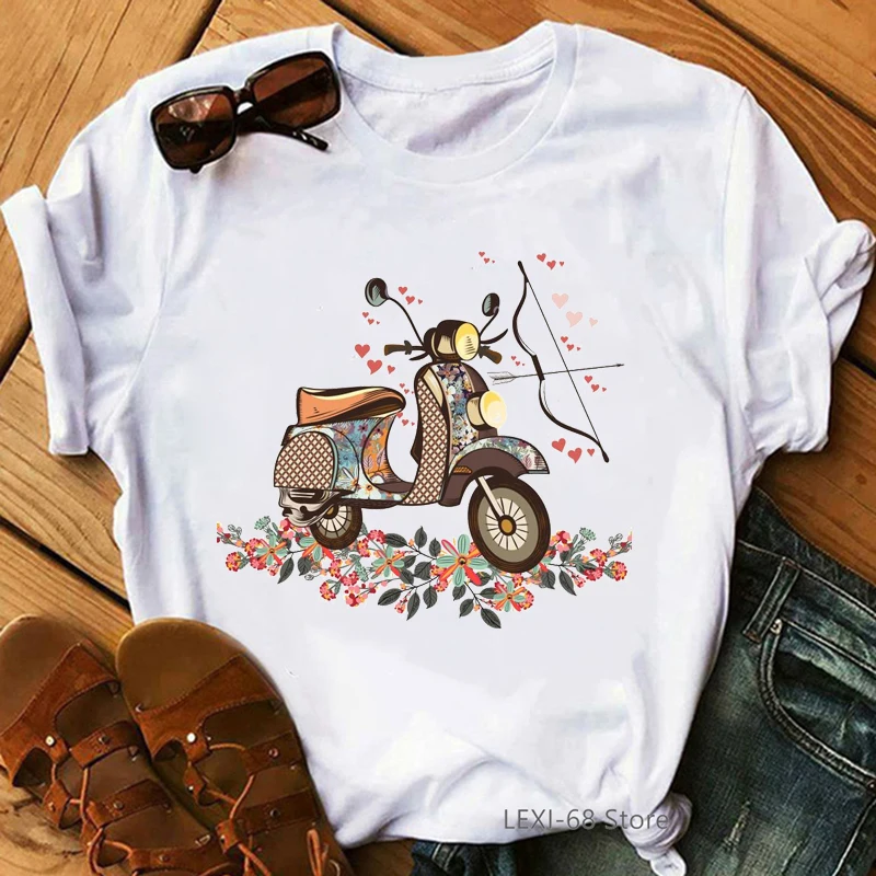 Flowers Bicycle Print T Shirt Women Love Arrow Tshirt Femme Harajuku Shirt Summer Style T-Shirt Camisetas Mujer Streetwear