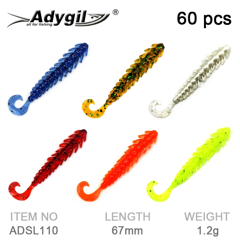 Adygil ADSL110/BLSA65 Soft Silicone Lures for Bass, Trout, Crappie, 60pcs/pack, 6 colors, 10pcs each color.