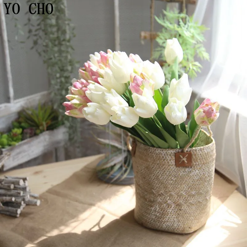 YO CHO White Tulips Artificial Flower PU Real Touch Tulip Artificial Fake Flower for Wedding Decoration Flowers Home Garen Decor