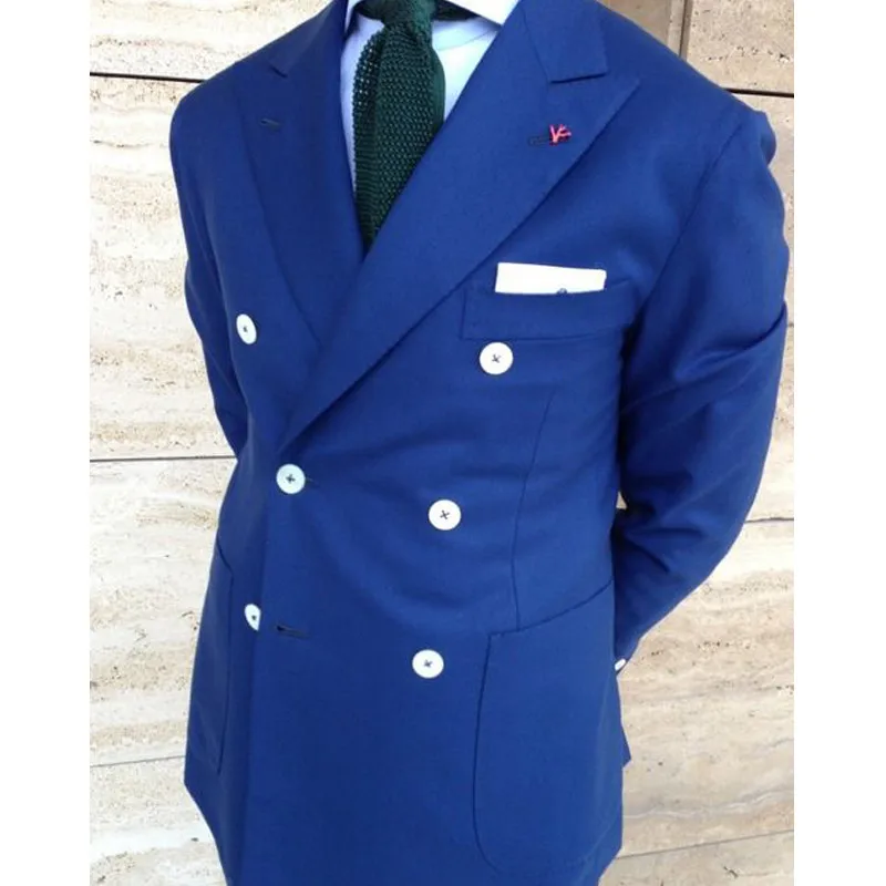 Traje de doble botonadura para hombre, esmoquin ajustado de 2 piezas para novio, traje de moda azul real con chaqueta de solapa con visera