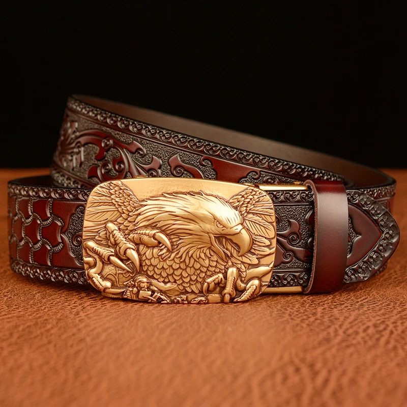 New Eagle Pattern Buckle Cowskin Leather Belt TOP Quality Alloy Automatic Buckle Wasitbad Strap Genuine Leather Gift Belt Men