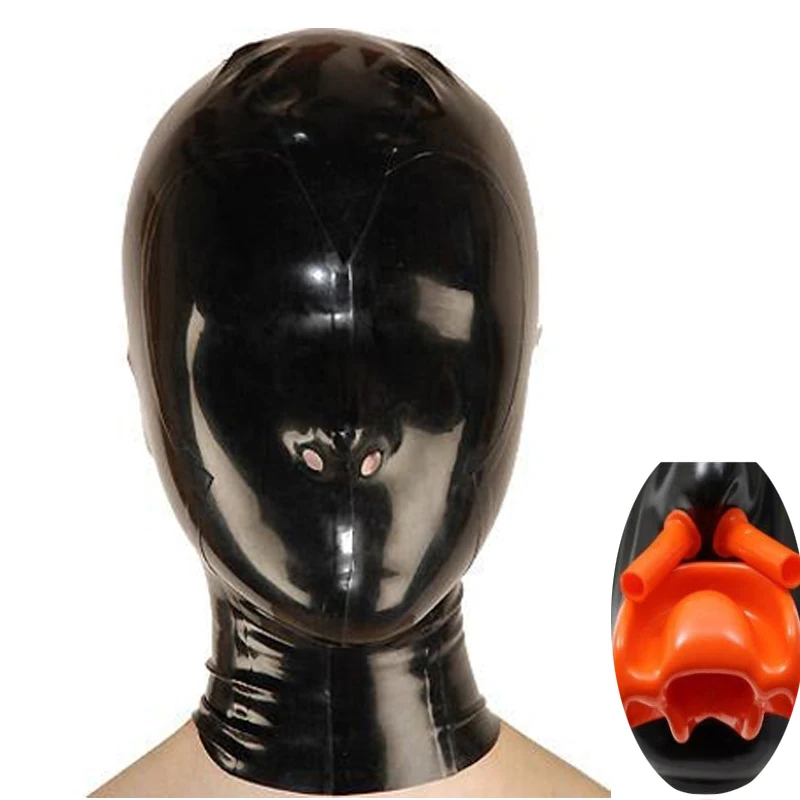 Sexy Latex Hood with Red Teeth Gag and Nasal Tubes Back Zip Fetish Latex Mask Full Face Exotic lingerie Custom-built