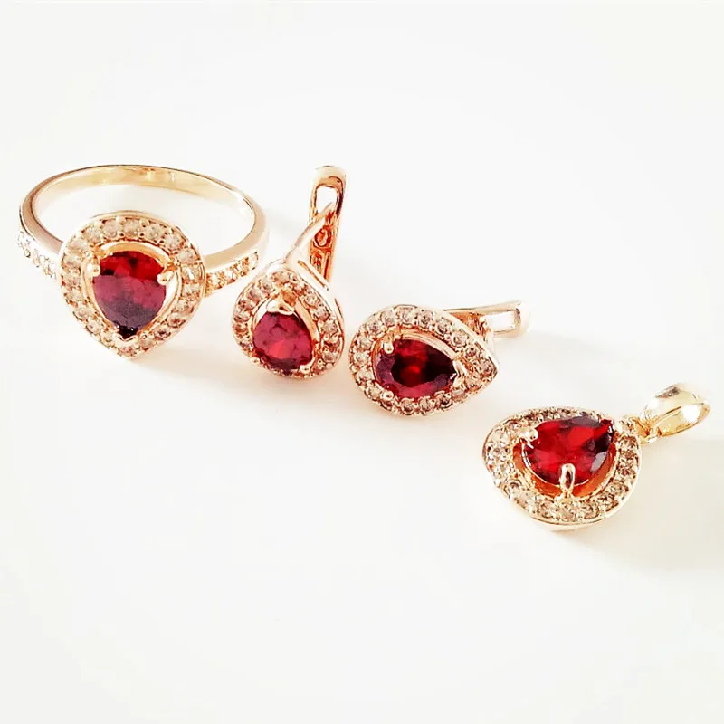 Luxury Women Jewelry Sets Rose 585 Gold Color Red Stone Heart Shape New Fashion Jewelry Sets Designs for Lady