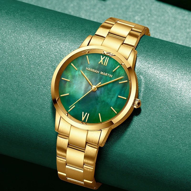 2021 novo estilo de ouro aço inoxidável pedra verde dial japão quartzo concha pérola ostra marca feminina à prova dwaterproof água senhora retro relógios