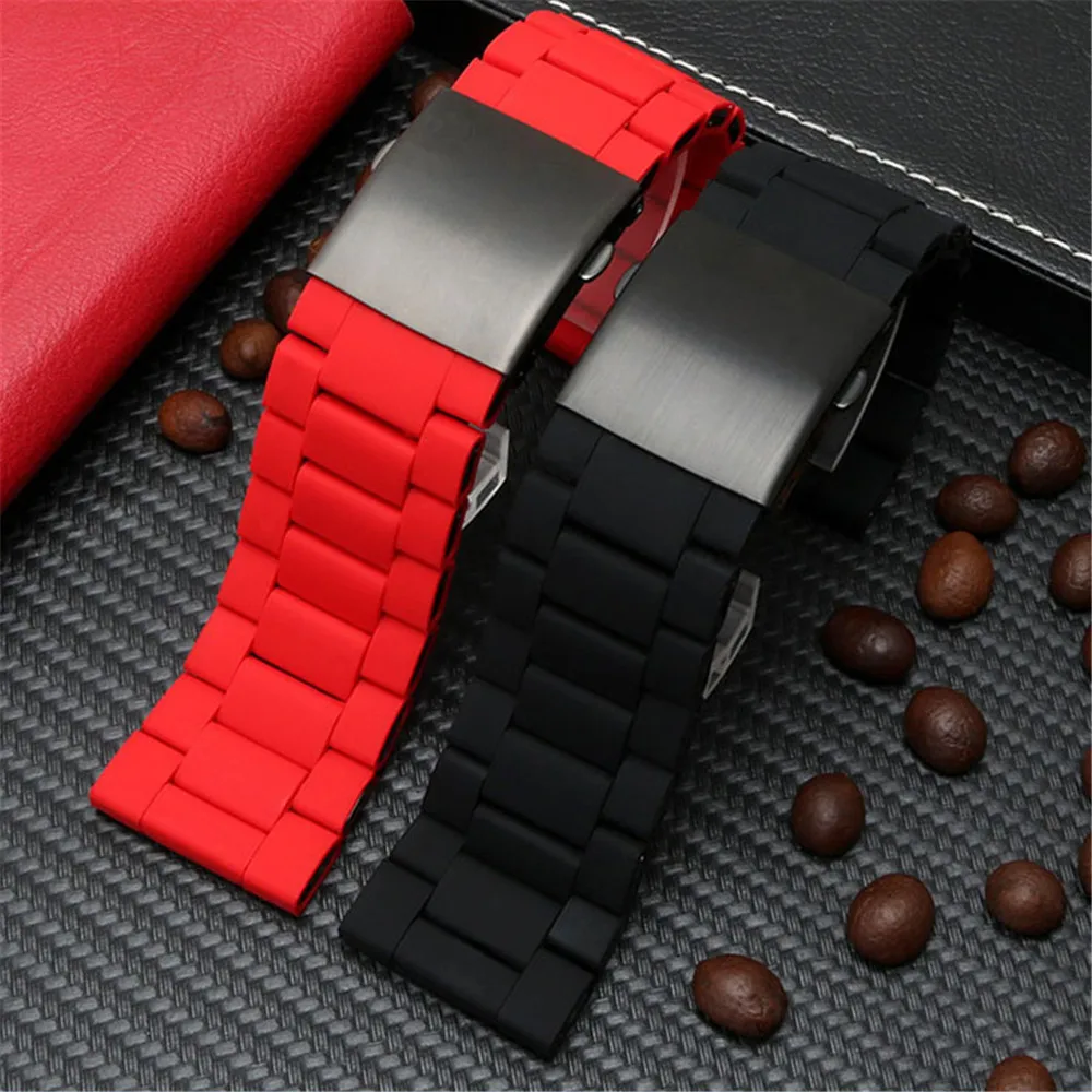 28mm Silicone Stainless Steel Watchband for Diesel Watch Strap DZ7396 DZ7370 DZ4289 DZ7070 DZ7395 Men Rubber Wrist Band Bracelet