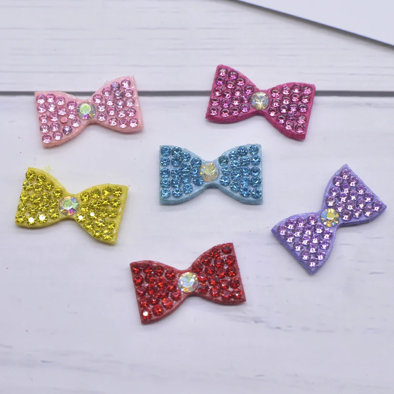 30Pcs/lots Colorful Mini Bowknot Tie DIY Patch Material for Stick on Clothing Appliques Hair Clips Pearl Rhinestone Accessory