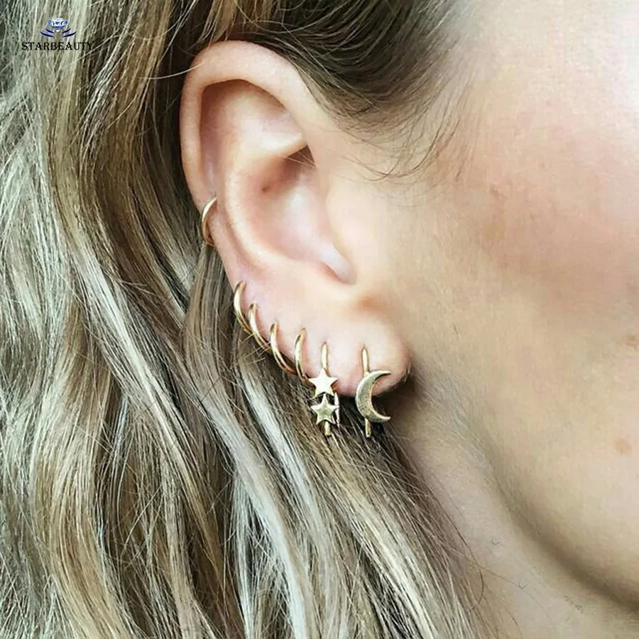 7 pcs/lot Moon Star Ear Piercing Helix Piercing Oreja Nose Ring Earring Set Gold Color Fake Earrings Pircing de Orelha Jewelry