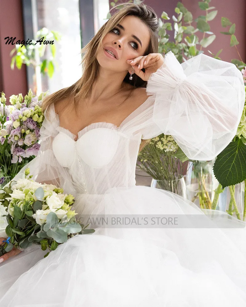 Magic Awn-vestidos de novia blancos bohemios para mujer, con hombros descubiertos, mangas largas hinchadas desmontables, vestidos de novia con ilusión campestre