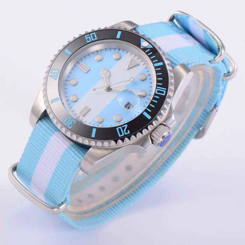 

40MM Blue White Dial Sapphire Glass Ceramic Bezel Seeing Case Back MIYOTA 8215 Automatic Men's Wristwatch