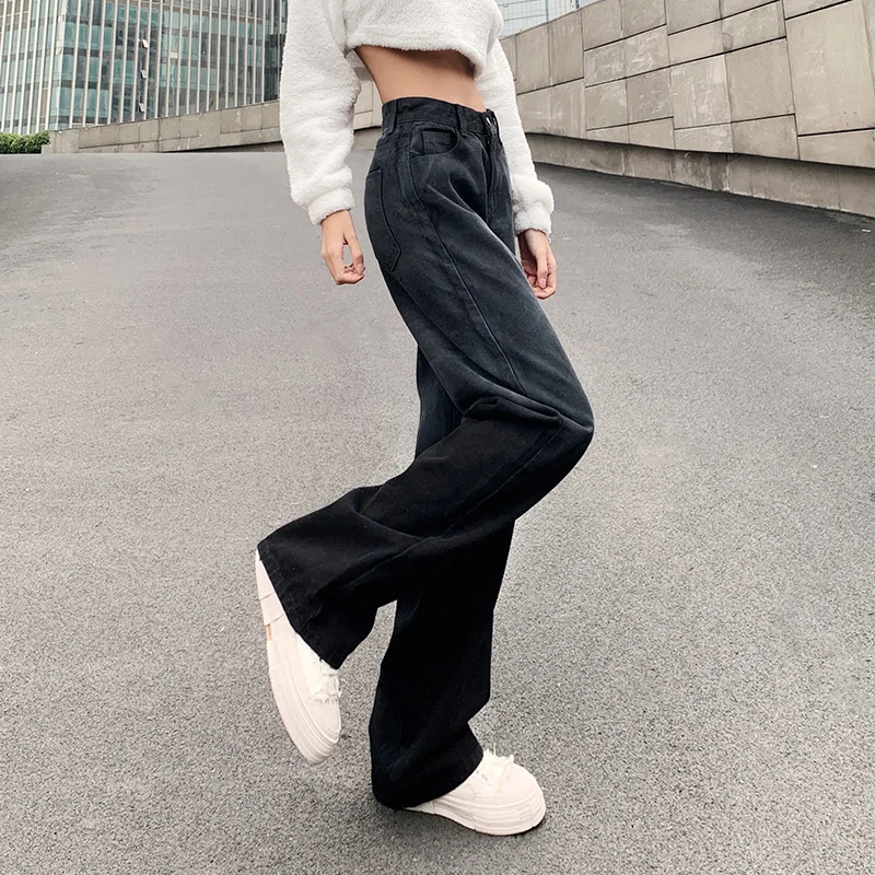 Women Casual Long Pants Spring Autumn Wear Gradient Black Tie-dyed Printing High Waist Straight-leg Trousers Denim Jeans S/ M/ L