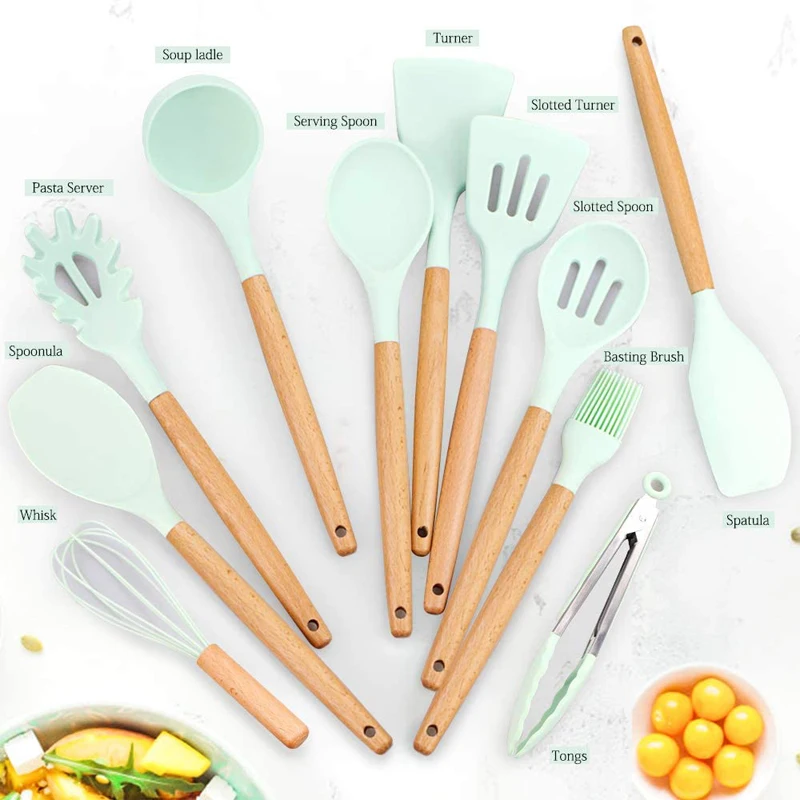 LMETJMA 12 Pcs Silicone Kitchen Cooking Utensil Set BPA Free Non-Stick Cooking Utensils Set with Stainless Steel Stand KC0421