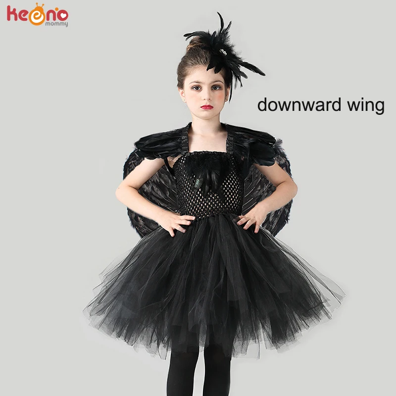 Black Swan Girls Tutu Dress with Feather Wing and Hair Clip Evil Queen Kids Halloween Carnival Party Costume Ballet Tutu Dress