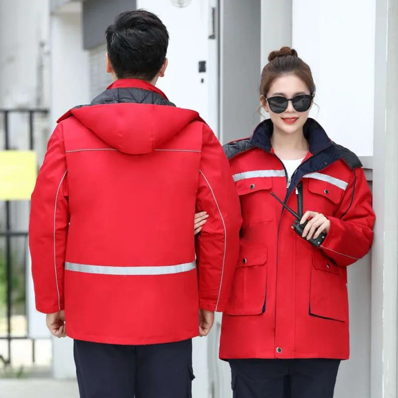 عاكس الشتاء في الهواء الطلق ملابس العمل الرجال النساء سترة سميكة معطف مقاوم للرياح مصنع ورشة عمل مقنعين دائم عامل دعوى سترة #3