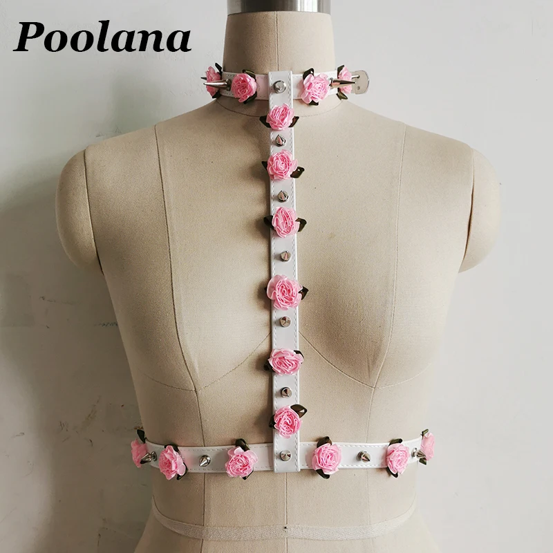 100% Handmade Cosplay Pink Rose Flowers Choker Belt attach to Waist Belt Cute Lolita Kawaii Harajuku Outfit Stage Performance