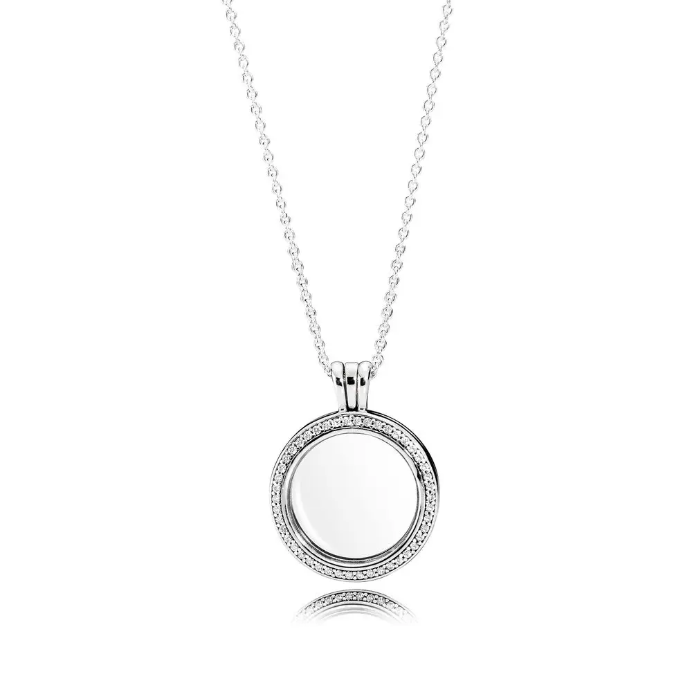 Original 925 Sterling Silver Floating Locket pan Necklace With Clear Cubic Zirconia Glass For Women Gift DIY Jewelry