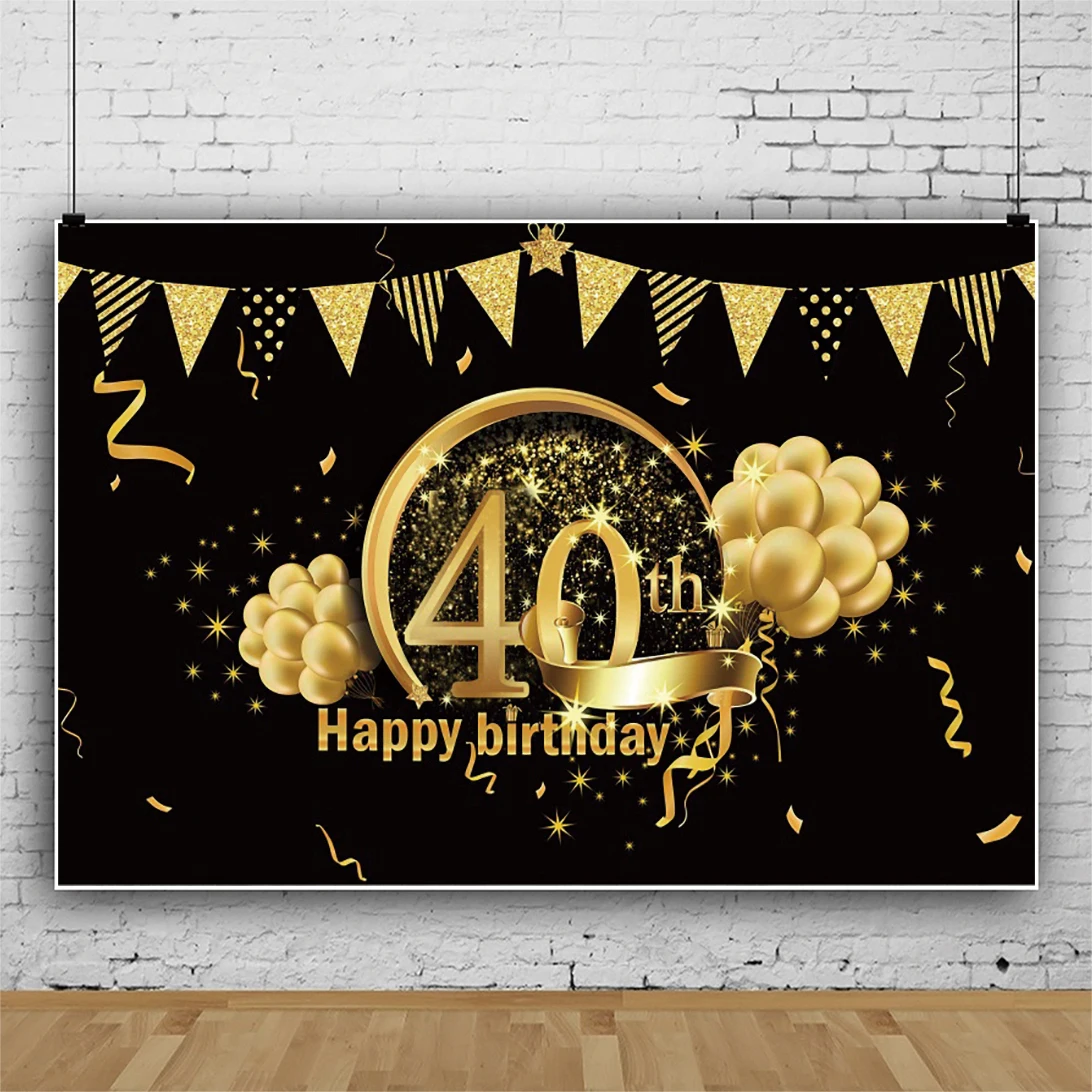 Laeacco-Fondo de fotografía para Celebración de 40 cumpleaños, telón de fondo con globos dorados, brillos, póster, retrato personalizado