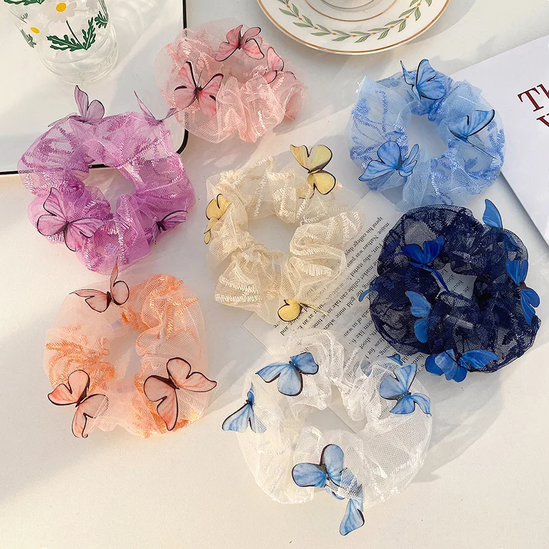 Korean Sweet Mesh Flower Scrunchie Women Girls Elastic Hair Hair Bands Butterfly Hair Ties Ponytail holders Hair Accessories