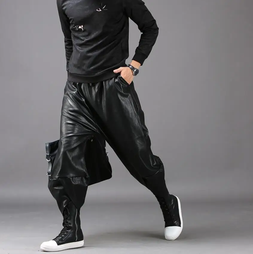 

S-6XL NEW 2024 Men's Clothing GD Hair Stylist Catwalk Lantern Leather Pants Hip-hop Flying Squirrel Pants Plus Size Costumes