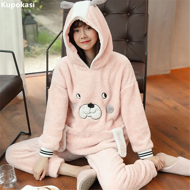 

Kupokasi 2 Pieces Thick Flannel Pajamas Sets For Women Long Sleeve Trousers Sleepwear Homewear Winter Warm Nightwear Pyjamas