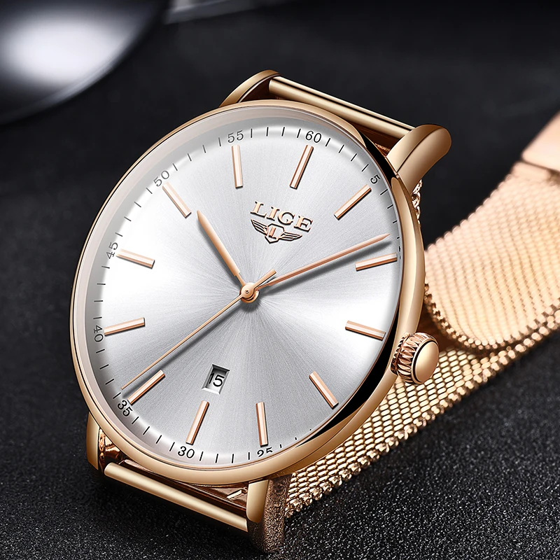 LIGE s Stainless Steel Ultra-Thin Casual Wristwatch Quartz ClockTop Brand Luxury Waterproof Watch  Womens Watches  Fashion Ladie