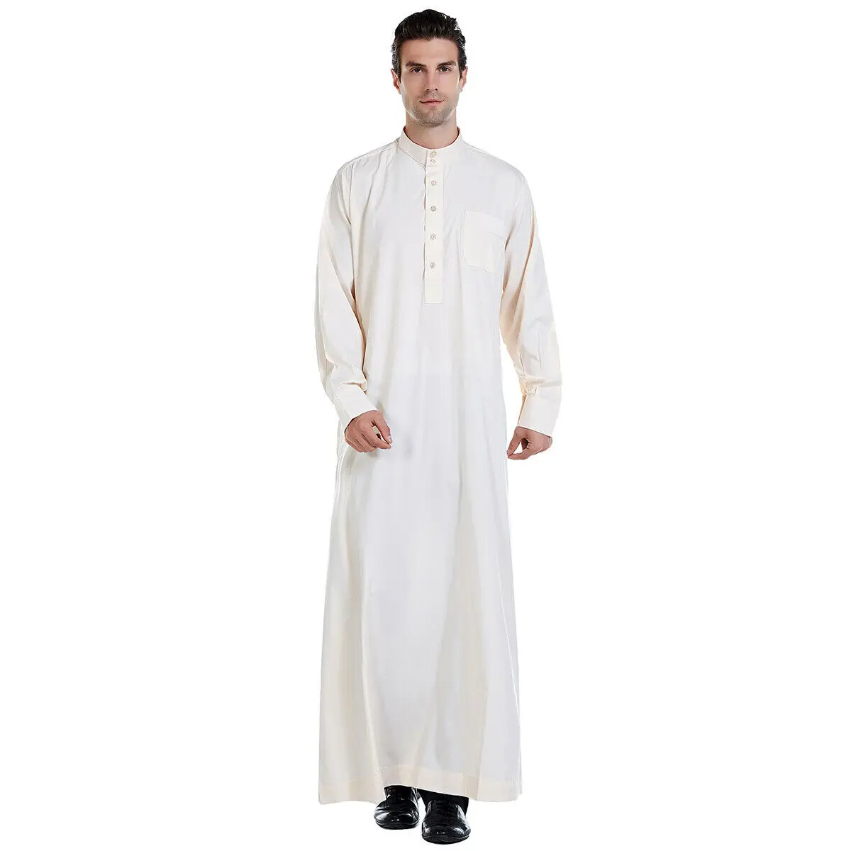 Hombres musulmanes Jubba Thobe manga larga Color sólido batas de Qatar 2025 cuello alto vestido árabe islámico Kaftan Ramadán hombres Abaya S-3XL