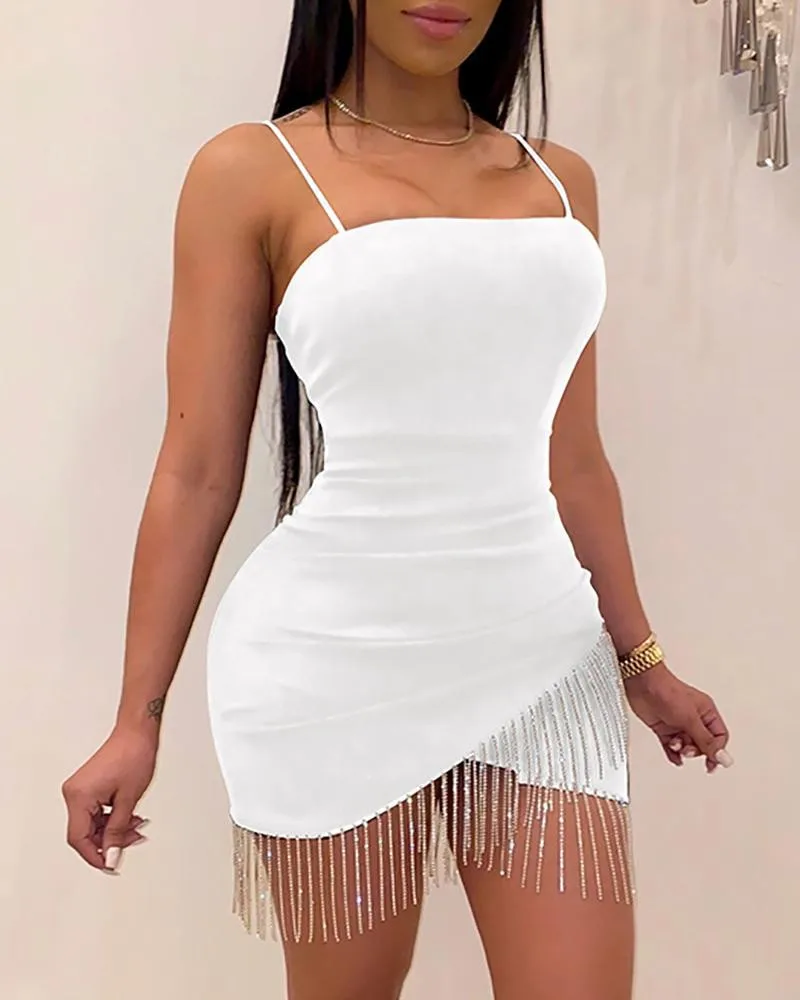 Abito aderente con nappe con cinturino senza maniche da donna Sexy Clubwear 2020 Summer Evening Party Bandage Short Mini abiti con orlo asimmetrico